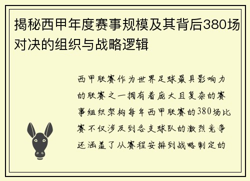 揭秘西甲年度赛事规模及其背后380场对决的组织与战略逻辑